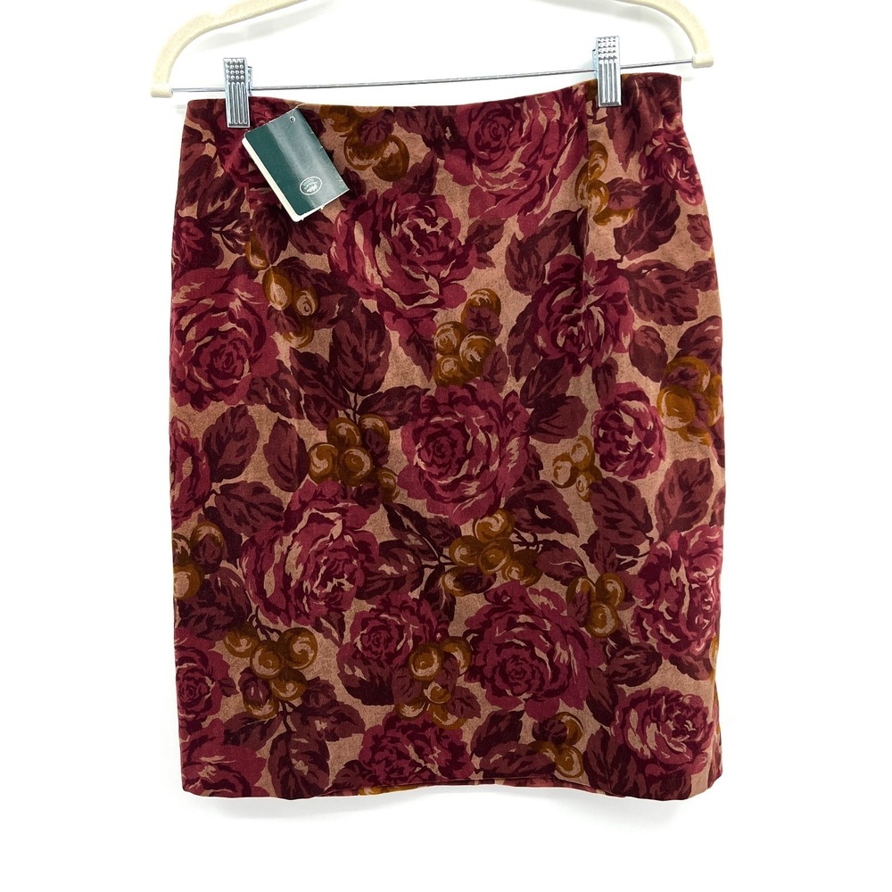 NEW‎ vintage Laura Ashley floral velvet pencil skirt moleskin mood red tan 12